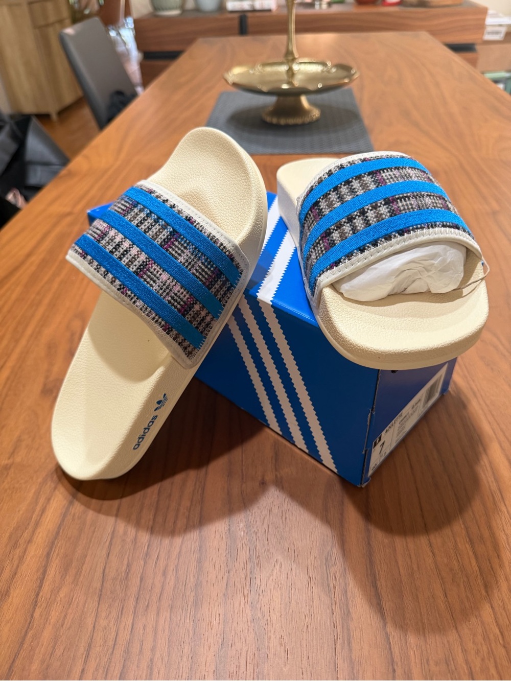 adidas Cream Slide Sandals with Blue Striped Strap -Woven textile strap